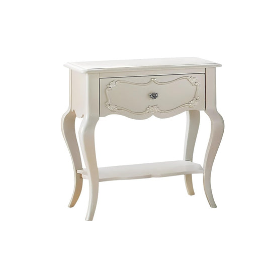 Solid wood and mirrored glass nightstand from HomeRoots with a sleek design and spacious drawer for bedside storage.