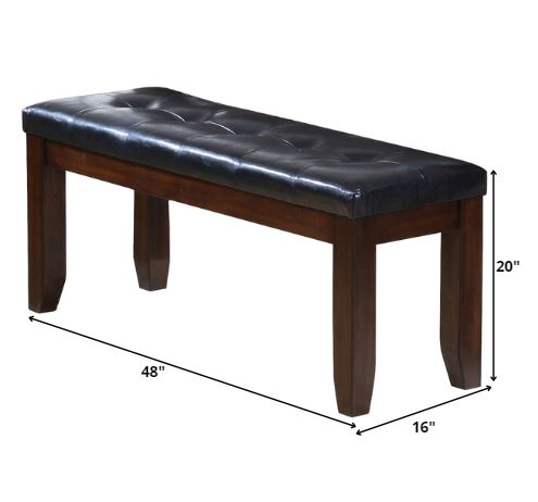 48" Black and Espresso Faux Leather and Wood Upholstered Bench