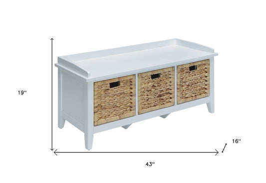 43" White Distressed Solid Wood Storage Bench with Baskets - Anthony & Home