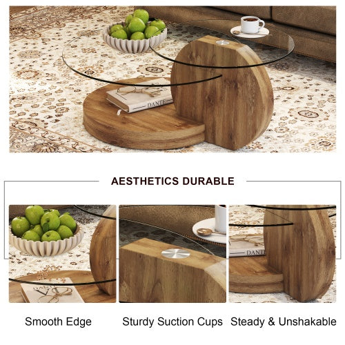 Modern Double Layer Round Table With Glass Top Wood Legs