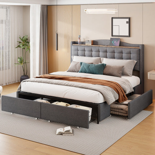 Grey Linen Upholstered Bed Frame 160x200 cm USB Nightstand