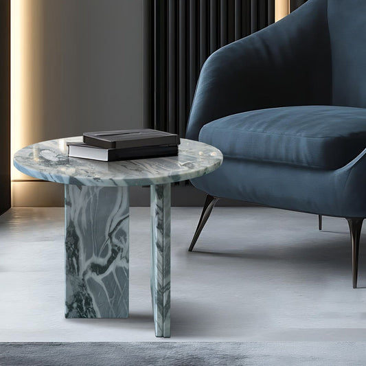Blue grey marble round coffee table by Anthony & Home featuring a sleek, polished surface and modern design.