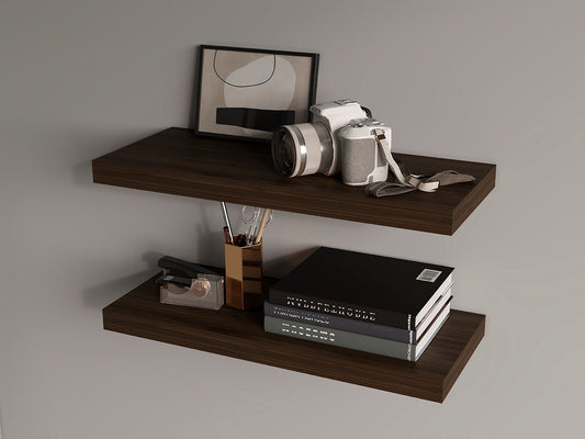 Set of two dark oak floating shelves by Anthony & Home, showcasing sleek wall-mounted storage and display space.