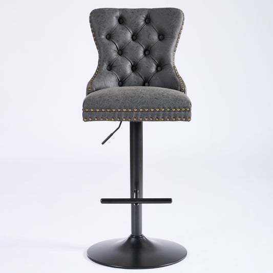 Pair of Anthony & Home tufted PU leather bar stools, 26-33 inch height, set of 2, with modern tufted design and wooden legs.