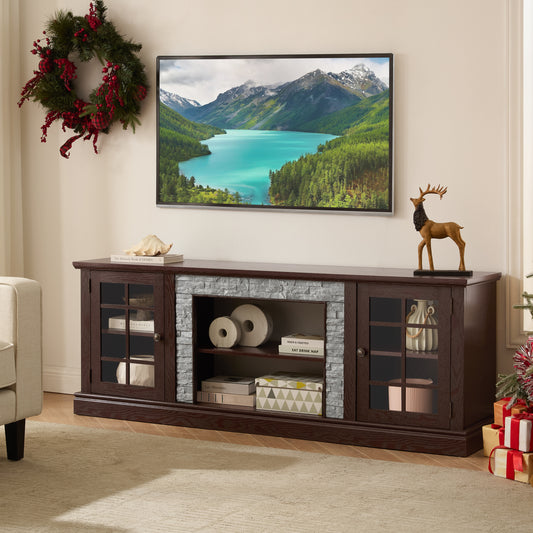 Anthony & Home Atelier TV stand with faux stone cabinet, two-door media console and large entertainment center for modern living rooms.