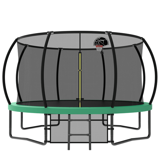 Anthony & Home Elite Collection 12ft trampoline with safety enclosure, featuring sturdy frame and safety net for kids' outdoor fun.