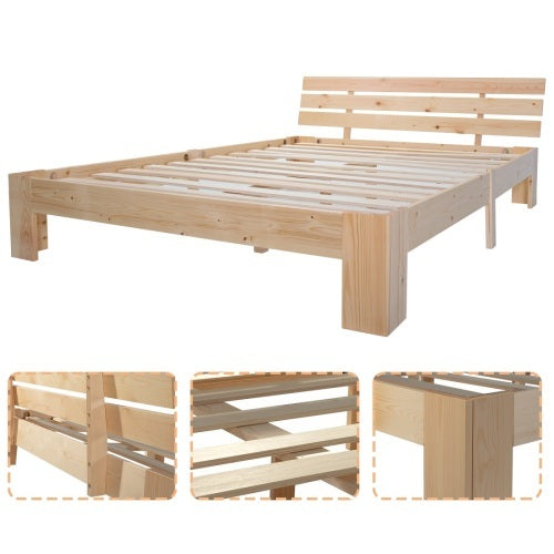 Natural Solid Wood Bed Frame 140x200 With Headboard