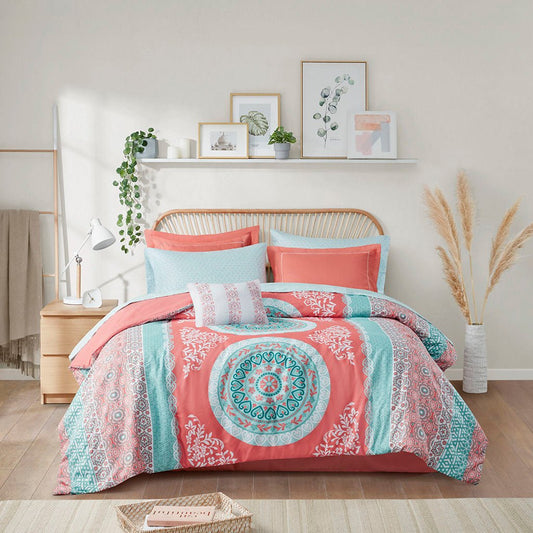 Boho Luxe Coral Medallion comforter set by Anthony & Home featuring intricate coral and medallion patterns on soft bedding fabric.