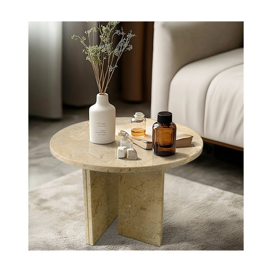 Anthony & Home beige marble round coffee table with gold finish, featuring a sleek, luxurious design for modern living spaces.