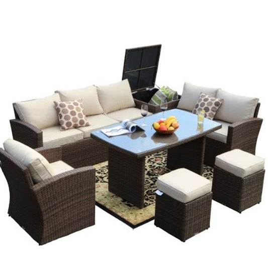 179.85" X 31.89" 32.68" Brown 7Piece Steel Outdoor Sectional Sofa Set With Ottomans And Storage Box - Anthony & Home