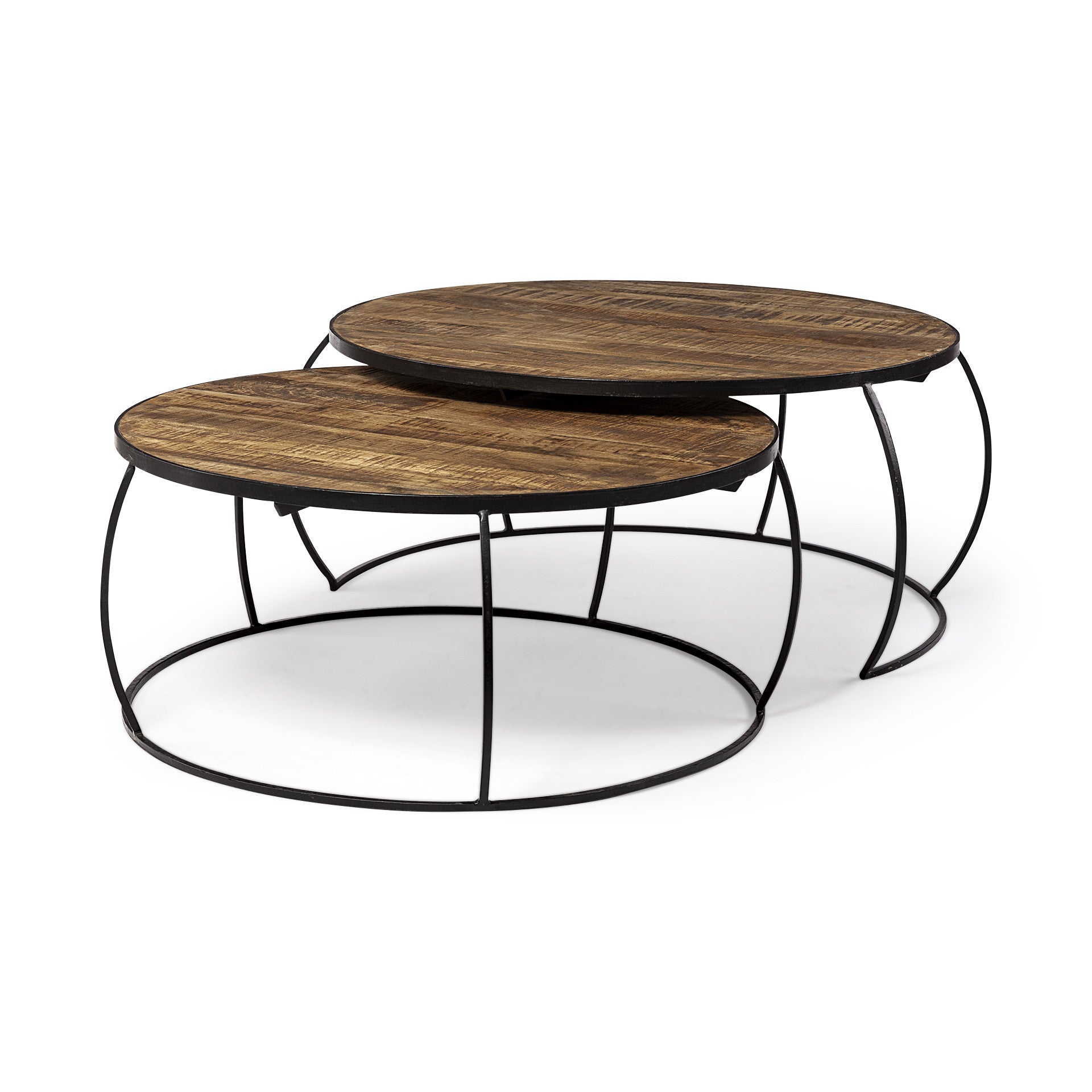 Brown and Black Wood and Metal Round Nested Coffee Tables-0