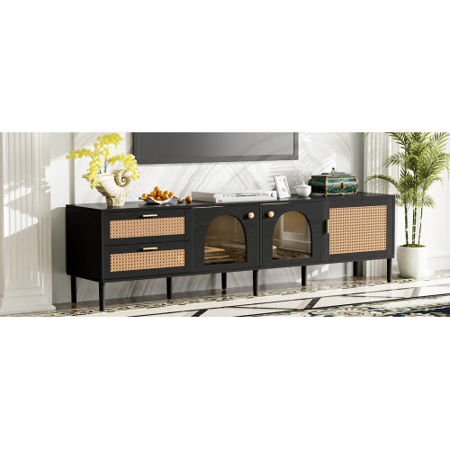 Rattan TV Stand With 3 Cabinets And 2 Drawers Black