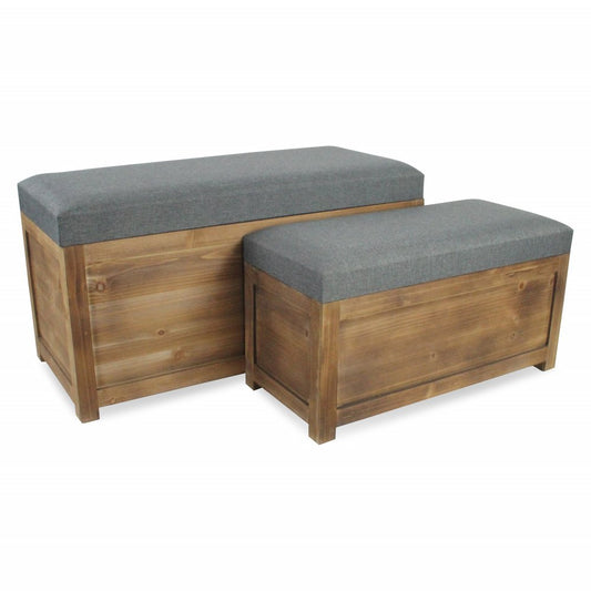 Set of 2 gray linen fabric and wood storage benches with rectangular shape and sturdy wooden bases, versatile home decor pieces.