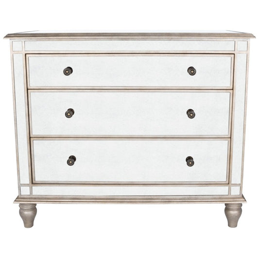 HomeRoots rectangular mirrored three-drawer console dresser with sleek storage chest and reflective surface, shown from front view.