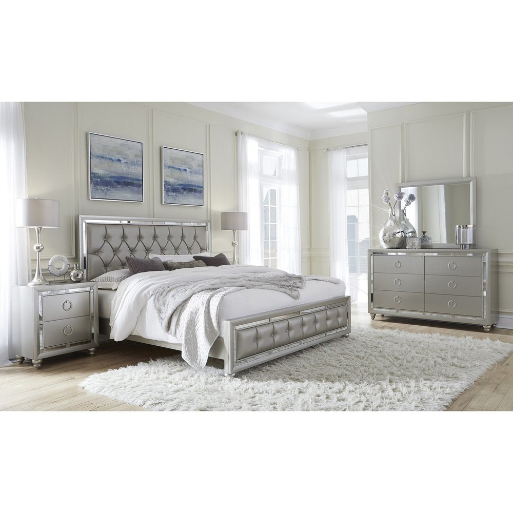 Silver Wood And Tufted Linen Queen Bed Frame With Nailhead Trim
