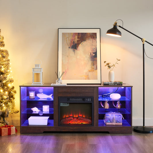 Anthony & Home electric fireplace TV stand with glass shelves, LED lighting, USB outlet, in Studio Collection style.