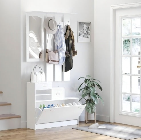 Matte White Gate Cabinet With Shoe Hang Shelf Mirror