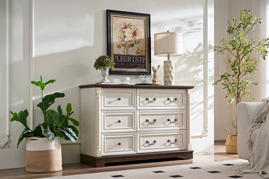 Walnut finish six-drawer dresser from Anthony & Home's Heritage Collection, featuring a timeless design for bedroom storage.