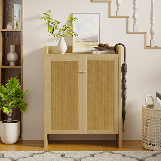 Anthony & Home rattan shoe cabinet with 6-tier wooden shelves and natural finish, freestanding design from the Atelier Collection.