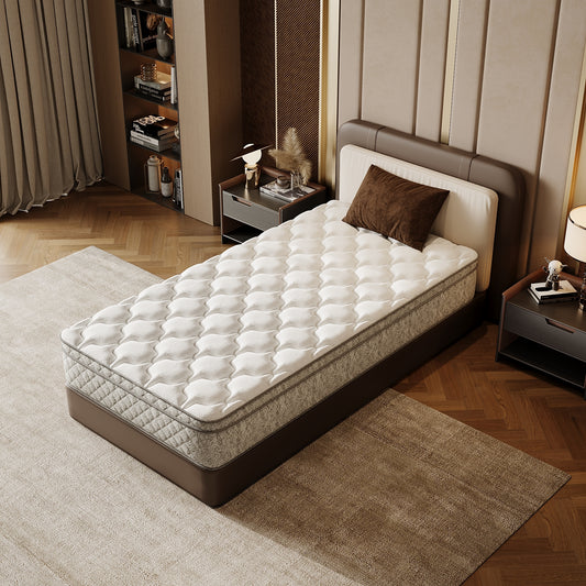 Twin size Anthony & Home memory foam hybrid mattress with pocket springs and zoned support, shown with a neutral bedroom setting.