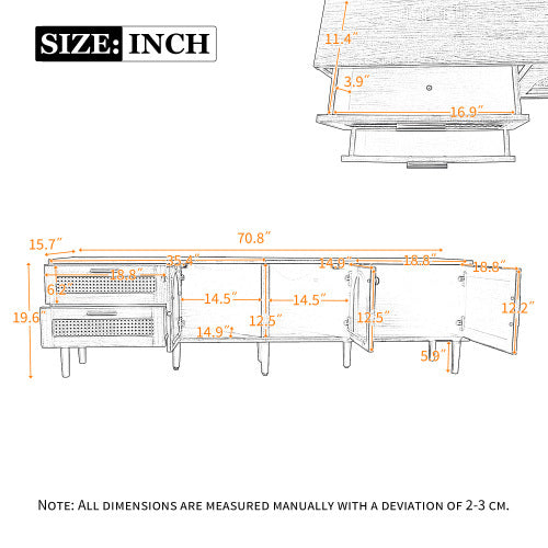 Rattan TV Stand With 3 Cabinets And 2 Drawers Black