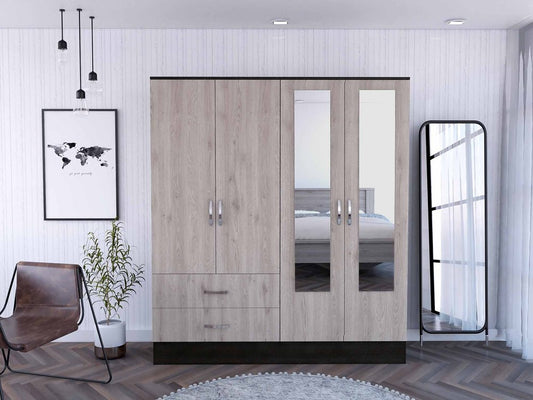 HomeRoots 71-inch light oak and black wardrobe closet with four doors and mirrors, showcasing storage and reflective surface.