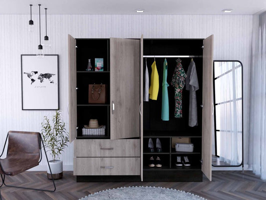 HomeRoots 71-inch light oak and black wardrobe closet with four doors and mirrored panels, showcasing modern dresser storage.