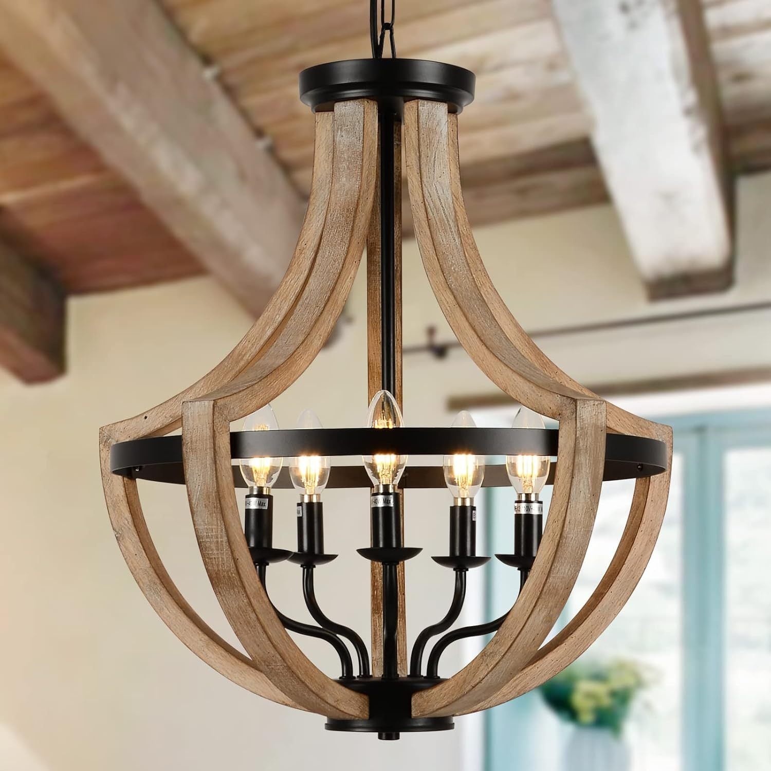 Solid Wood Farmhouse Chandelier Adjustable Dining Room Brown