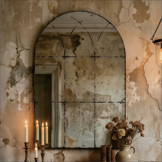 Semicircular wall-mounted mirror withSignature brushed brass finish, ideal for living room decor, by Anthony & Home.