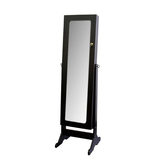 Brown wood freestanding framed cheval mirror measuring 57 inches, featuring a classic design and sturdy construction by HomeRoots.