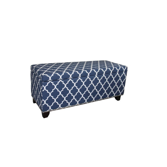 42" Blue and White and Dark Brown Upholstered Polyester Quatrefoil Bench with Flip top - Anthony & Home