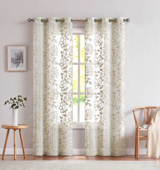 Set of two 84-inch tan floral embroidered curtains from HomeRoots, featuring intricate floral embroidery and soft fabric.