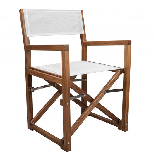 White and natural wood outdoor director chair by HomeRoots, 23-inch solid wood indoor-outdoor seating with armrests.