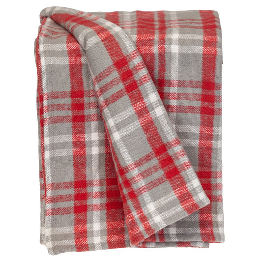 Red woven cotton plaid throw blanket from HomeRoots, showing a cozy, checkered pattern perfect for living room or bedroom decor.