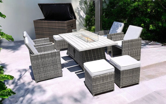 Ten Piece Outdoor Gray Wicker Multiple Chairs Seating Group Fire Pit Included with White Cushions - Anthony & Home