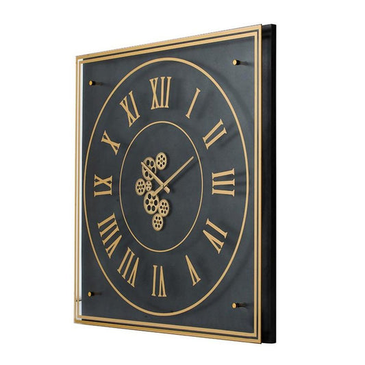 35" Black And Gold Glass And Metal Exposed Gear Square Wall Clock - Anthony & Home