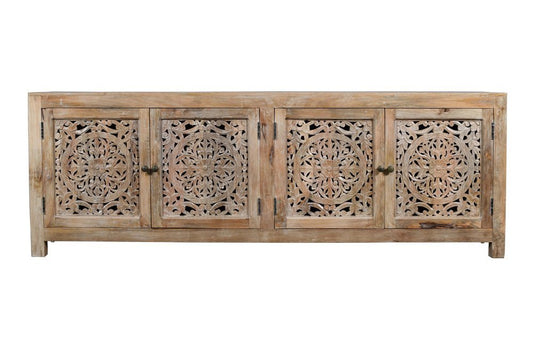 86" Natural Carved Floral Distressed Solid Wood Enclosed Storage TV Stand - Anthony & Home