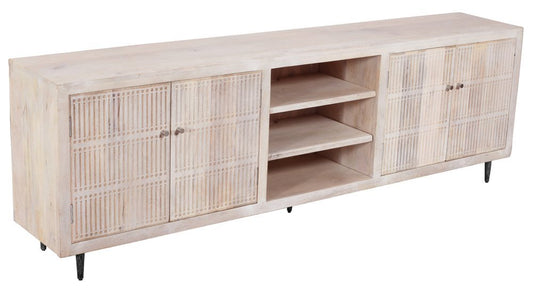 92" Ivory Carved Geometric Distressed Solid Wood Enclosed and Open Storage TV Stand - Anthony & Home