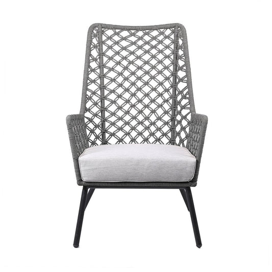 Gray and black 26-inch steel outdoor dining chair with gray cushion, suitable for indoor or outdoor use, by HomeRoots.