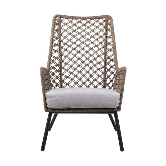 Gray metal outdoor arm chair with a matching gray cushion, perfect for patio or garden seating by HomeRoots.