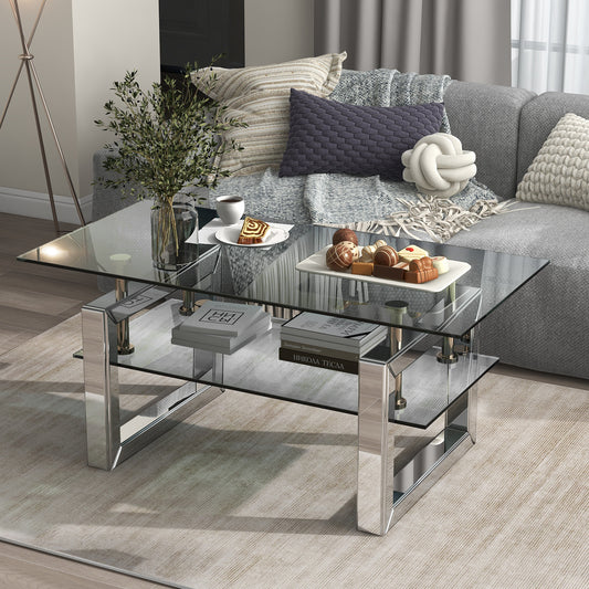 Anthony & Home tempered glass coffee table with a 6mm silver finish glass top and metal pedestal base in the exclusive collection.