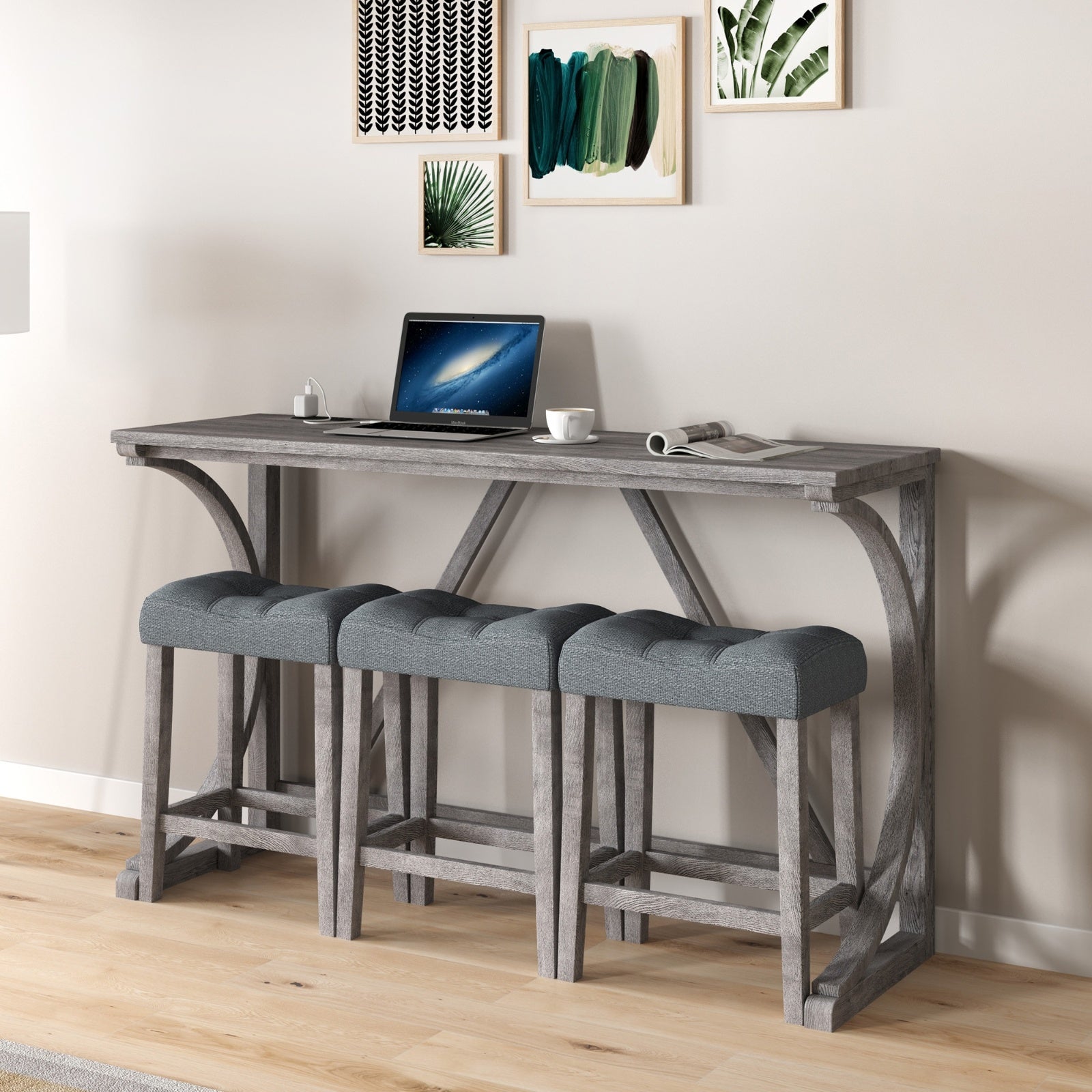 Gray Industrial Bar Table Set With Power Outlet And Chairs
