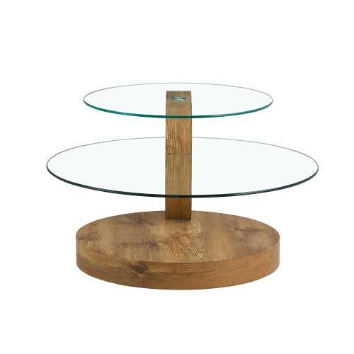 Modern Double Layer Round Table With Glass Top Wood Legs