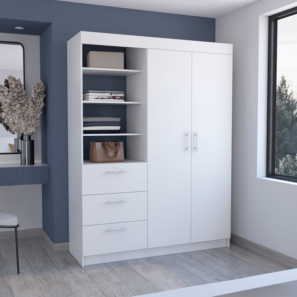 79" White Wood Two Door Three Drawer Combo Dresser