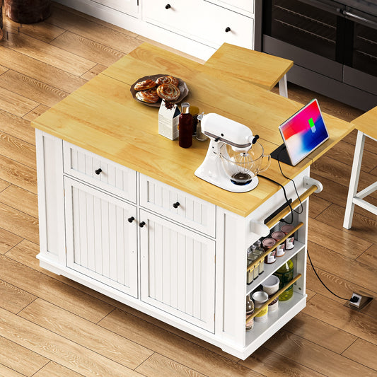 White kitchen island from Anthony & Home's Atelier Collection with a spacious countertop and storage shelves.