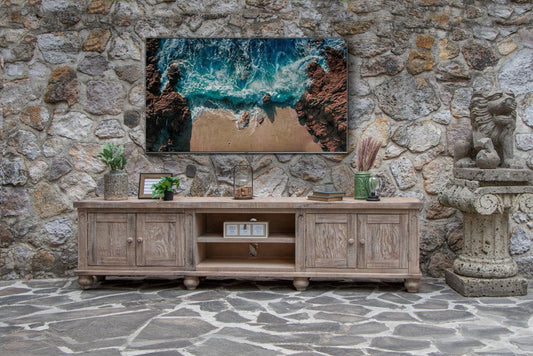 93" Desert Sand Solid Wood Cabinet Enclosed Storage Distressed TV Stand - Anthony & Home