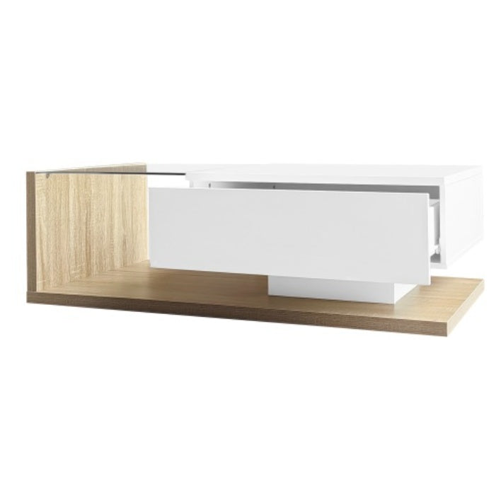 High Gloss White And Wood Coffee Table With Glass And LED