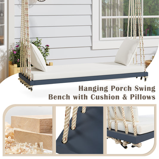 Anthony & Home Topmax Acacia Wood patio swing chair with gray cushioned seat, limited edition outdoor furniture.