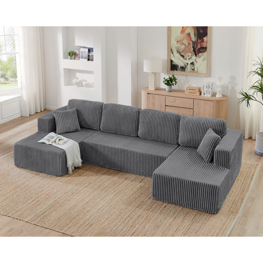 U-shape corduroy modular sectional sofa in beige fabric by Anthony & Home, shown in a modern living room setting.