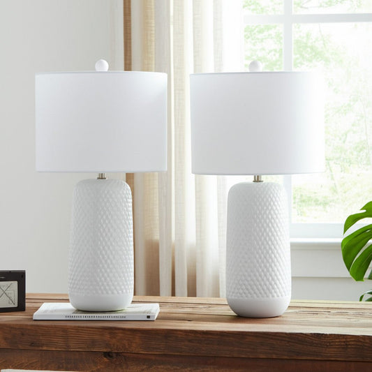 Pair 30 Inch White Textured Ceramic Lamps With Drum Shades - Anthony & Home